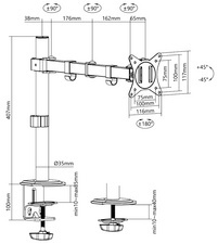 Bras support pour 1 écran TFT/LCD, longueur du bras 376 mm, noir, avec pince