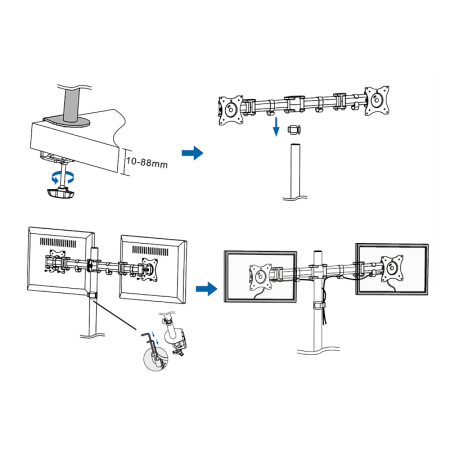 Bras support pour 2 écrans TFT/LCD avec pince, noir