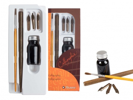 Kit caligraphie (plumes et porte-plume, pinceau + encre)