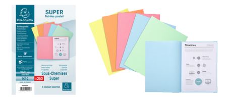 Sous-chemises papier recyclé 60g, 10 couleurs assorties